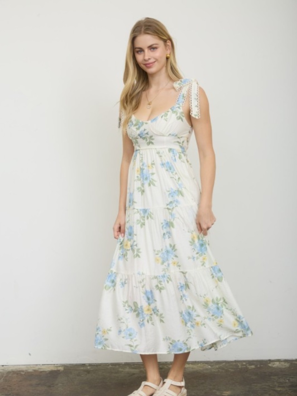 White Blue Yellow Floral Tiered Midi Dress Lace Tie Straps Large - Picture 2 of 14